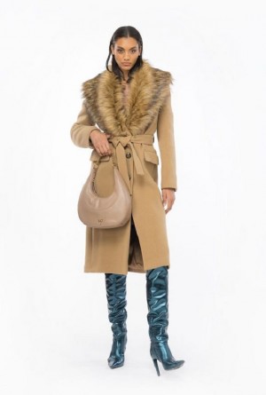 Pinko Coat With Faux Fur Collar Béžový Hnědé | SN-PKO33658