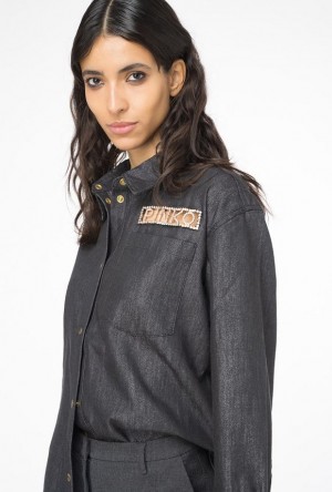 Pinko Denim Shirt With Rhinestone Logo Černé Stříbrné | SN-PKO33179