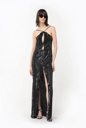 Pinko Fully Sequinned Šaty With Ruching Černé | SN-PKO33096