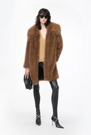 Pinko Fur-effect Pea Coat Hnědé | SN-PKO33671