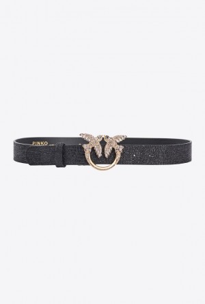 Pinko Galleria Glittery Reptile-print Belt With Love Birds 3cm Černé Zlaté | SN-PKO34181