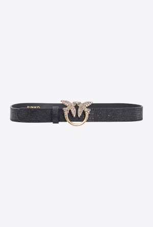 Pinko Galleria Glittery Reptile-print Belt With Love Birds 4cm Černé Zlaté | SN-PKO34182