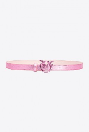 Pinko Galleria Laminated Pink Belt With Love Birds 2cm Růžové | SN-PKO34177