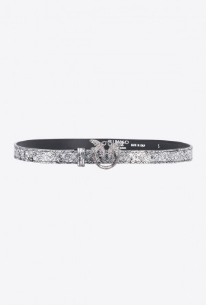 Pinko Galleria Thin Crackle-effect Crocodile Læder Belt With Love Birds 2cm Stříbrné Stříbrné | SN-PKO34178