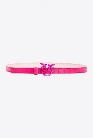 Pinko Galleria Thin Matte Crocodile Læder Belt With Love Birds 2cm Růžové | SN-PKO34175