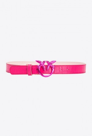 Pinko Galleria Thin Matte Crocodile Læder Belt With Love Birds 3cm Růžové | SN-PKO34176