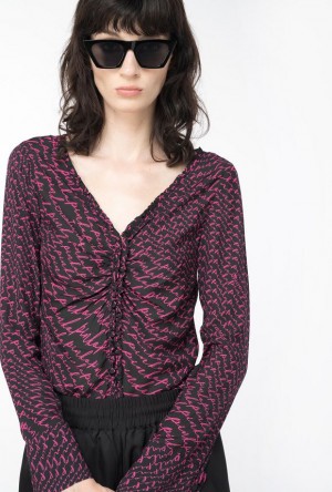 Pinko Georgette Blouse With Fluid Logo Print Černé Fuchsie | SN-PKO33197