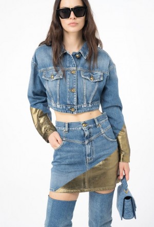 Pinko Krátké Golden Denim Jacket Světle Blankyt Zlaté | SN-PKO33593