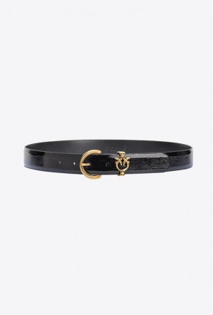 Pinko Lakovaná Læder Belt With Love Birds Detail 3cm Černé Zlaté | SN-PKO34225