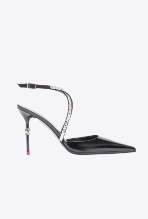 Pinko Lakovaná Læder Slingback Shoes With Rhinestones Černé | SN-PKO34152