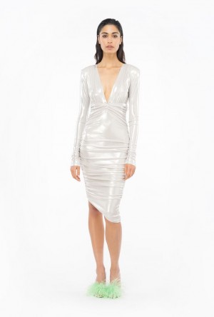 Pinko Laminated Jersey Calf-length Šaty Bílé | SN-PKO32969