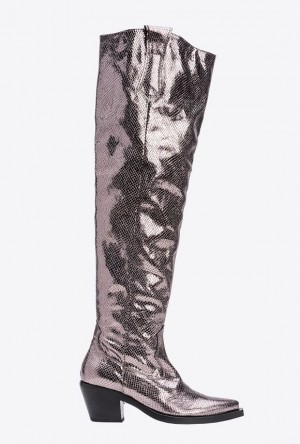 Pinko Laminated Thigh-high Texan Boots Šedé | SN-PKO34142