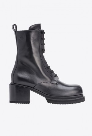 Pinko Læder Combat Boots With Love Birds Logo Černé | SN-PKO34138