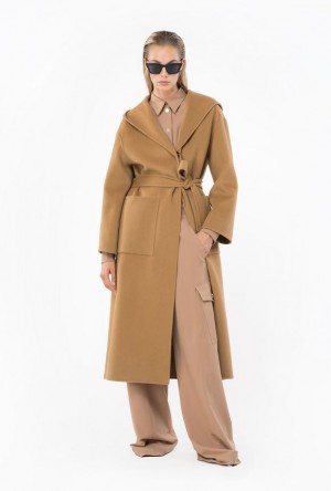 Pinko Long Cloth Coat With Hood Béžový Hnědé | SN-PKO33667