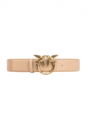 Pinko Love Birds High Læder Belt 4cm Hnědé Zlaté | SN-PKO34227