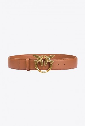 Pinko Love Birds High Læder Belt 4cm Hnědé Zlaté | SN-PKO34228