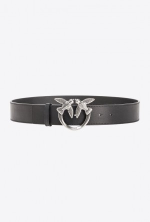 Pinko Love Birds High Læder Belt 4cm Černé Stříbrné | SN-PKO34253