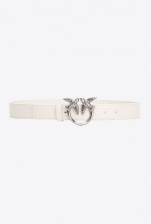 Pinko Love Birds Læder Belt 3cm Bílé Bílé Stříbrné | SN-PKO34171