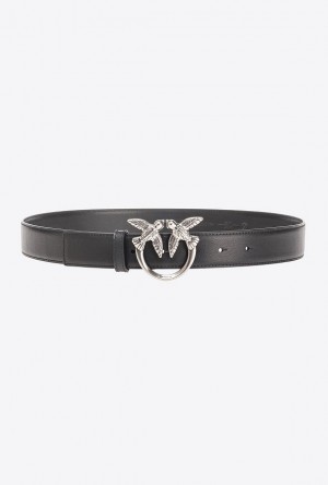 Pinko Love Birds Læder Belt 3cm Černé Stříbrné | SN-PKO34252