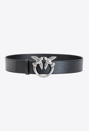 Pinko Love Birds Læder Belt Černé Stříbrné | SN-PKO34196