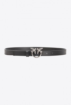 Pinko Love Birds Thin Læder Belt 2cm Černé Stříbrné | SN-PKO34251