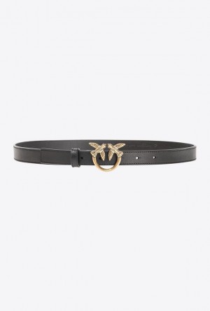 Pinko Love Birds Thin Læder Belt 2cm Černé Zlaté | SN-PKO34255