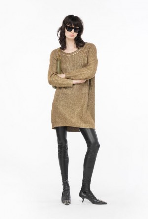 Pinko Metallic Knit Šaty Béžový Zlaté | SN-PKO33021