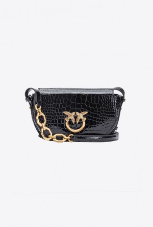 Pinko Mini Love Bag Click Exagon In Lakovaná Crocodile-print Læder Černé Zlaté | SN-PKO32436