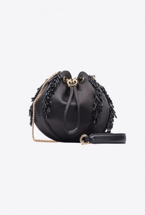 Pinko Mini Satchel Bag In Satin With Fringe Černé Zlaté | SN-PKO32878