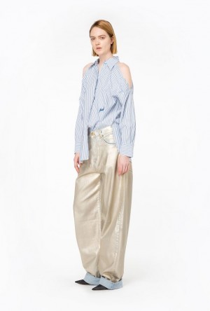 Pinko Pruhovaný Shirt With Shoulder Openings Bílé Světle Blankyt | SN-PKO33138