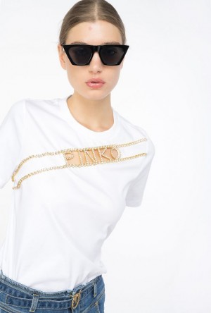 Pinko Rhinestone Logo T-shirt Bílé | SN-PKO33364