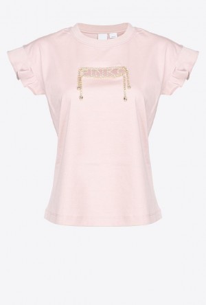 Pinko Rhinestone-logo T-shirt With Flounced Sleeves Béžový | SN-PKO33253