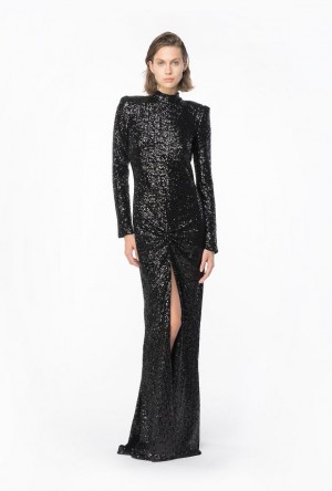 Pinko Sequinned Maxi Šaty With Open Back Černé | SN-PKO33093