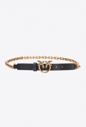 Pinko Thin Love Birds Belt With Chain 2cm Černé Zlaté | SN-PKO34183