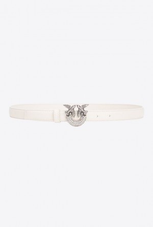 Pinko Thin Love Birds Belt With Rhinestones 2cm Bílé Bílé Stříbrné | SN-PKO34248