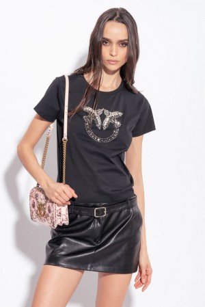 Pinko T-shirt With Love Birds Embroidery Černé | SN-PKO33262