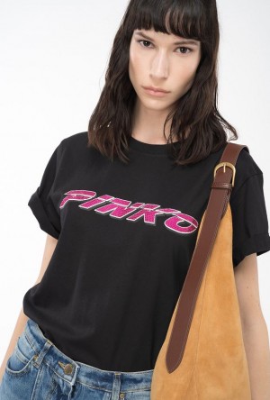 Pinko T-shirt With Rhinestoned Print Černé Fuchsie | SN-PKO33237