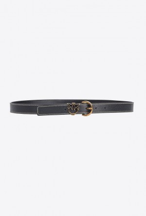 Pinko Tumbled Læder Belt With Love Birds Detail, 2.5 Cm Černé Zlaté | SN-PKO34224