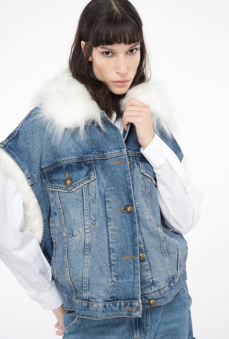 Pinko Bez Rukávů Denim Jacket With Faux Fur Blankyt Světle Modré | SN-PKO33591