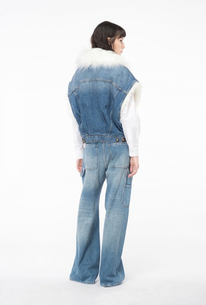 Pinko Bez Rukávů Denim Jacket With Faux Fur Blankyt Světle Modré | SN-PKO33591