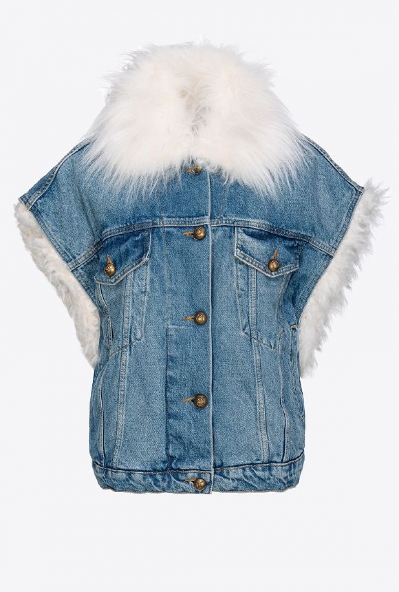 Pinko Bez Rukávů Denim Jacket With Faux Fur Blankyt Světle Modré | SN-PKO33591