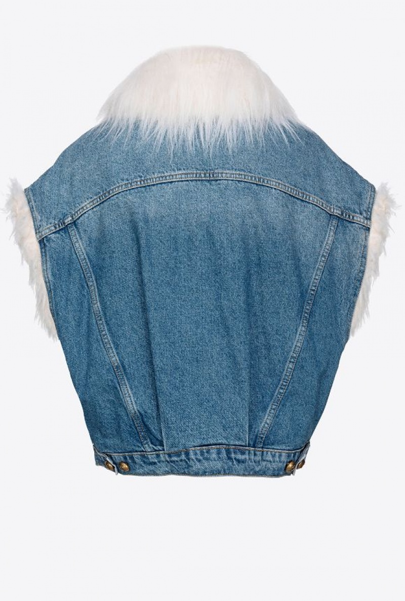 Pinko Bez Rukávů Denim Jacket With Faux Fur Blankyt Světle Modré | SN-PKO33591