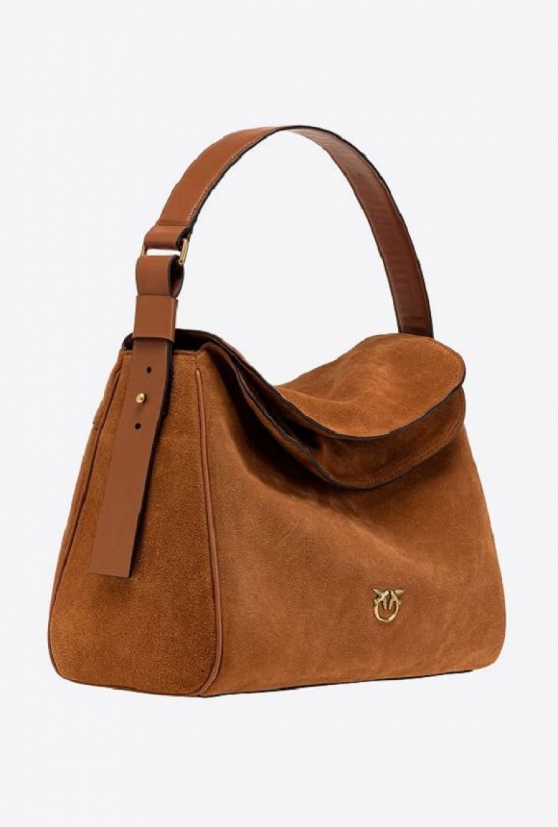 Pinko Big Leaf Bag Hobo In Semišové Hnědé Zlaté | SN-PKO32636