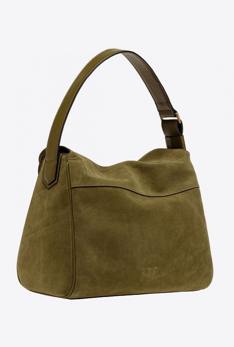 Pinko Big Leaf Bag Hobo In Semišové Zelene Zlaté | SN-PKO32635