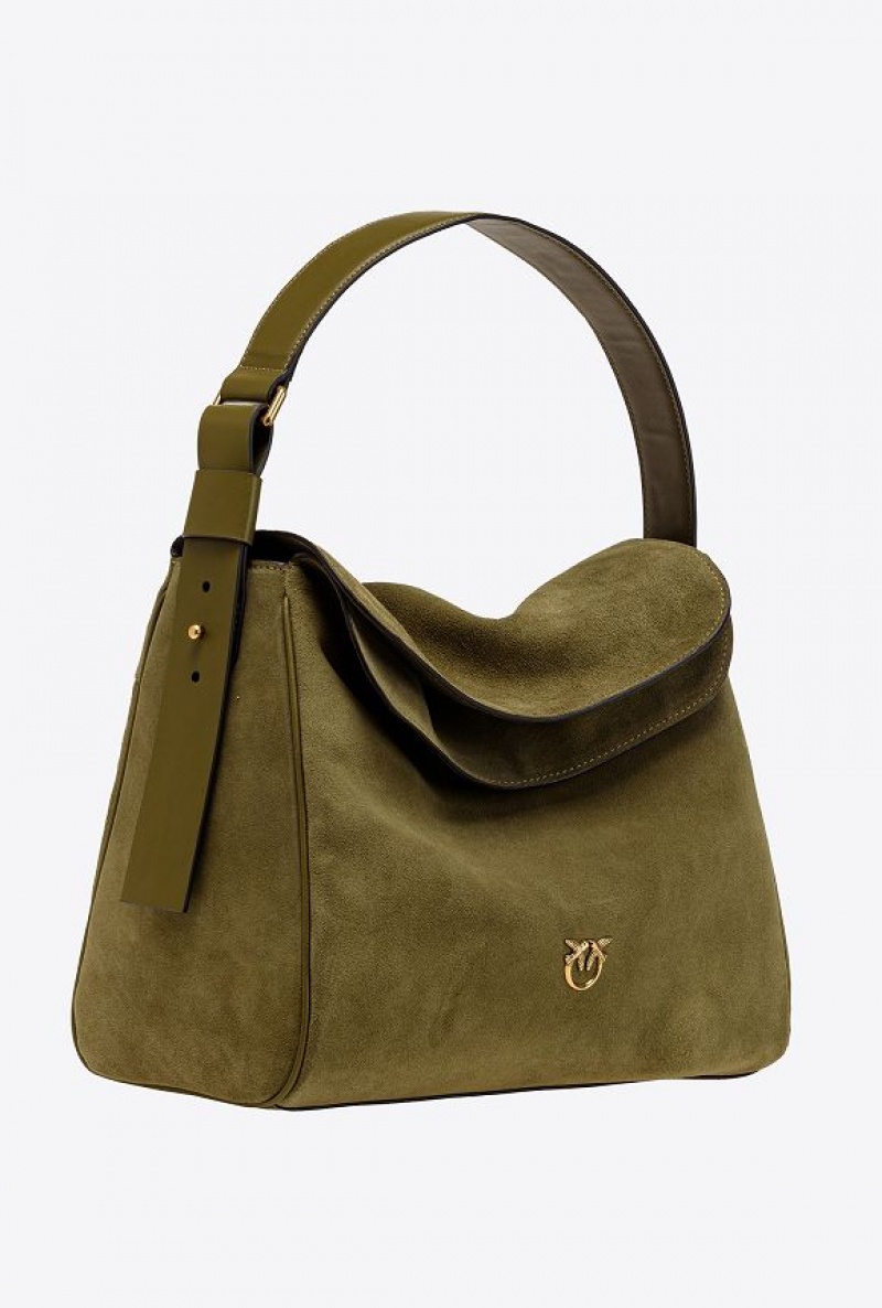 Pinko Big Leaf Bag Hobo In Semišové Zelene Zlaté | SN-PKO32635