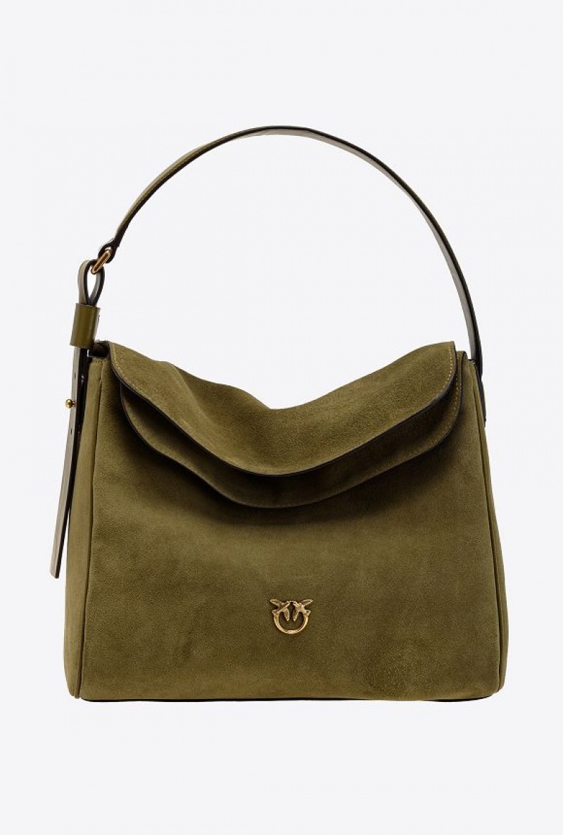 Pinko Big Leaf Bag Hobo In Semišové Zelene Zlaté | SN-PKO32635