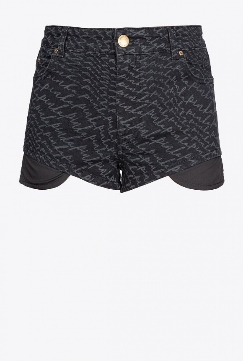 Pinko Black Denim Shorts With Fluid Logo Černé | SN-PKO34003