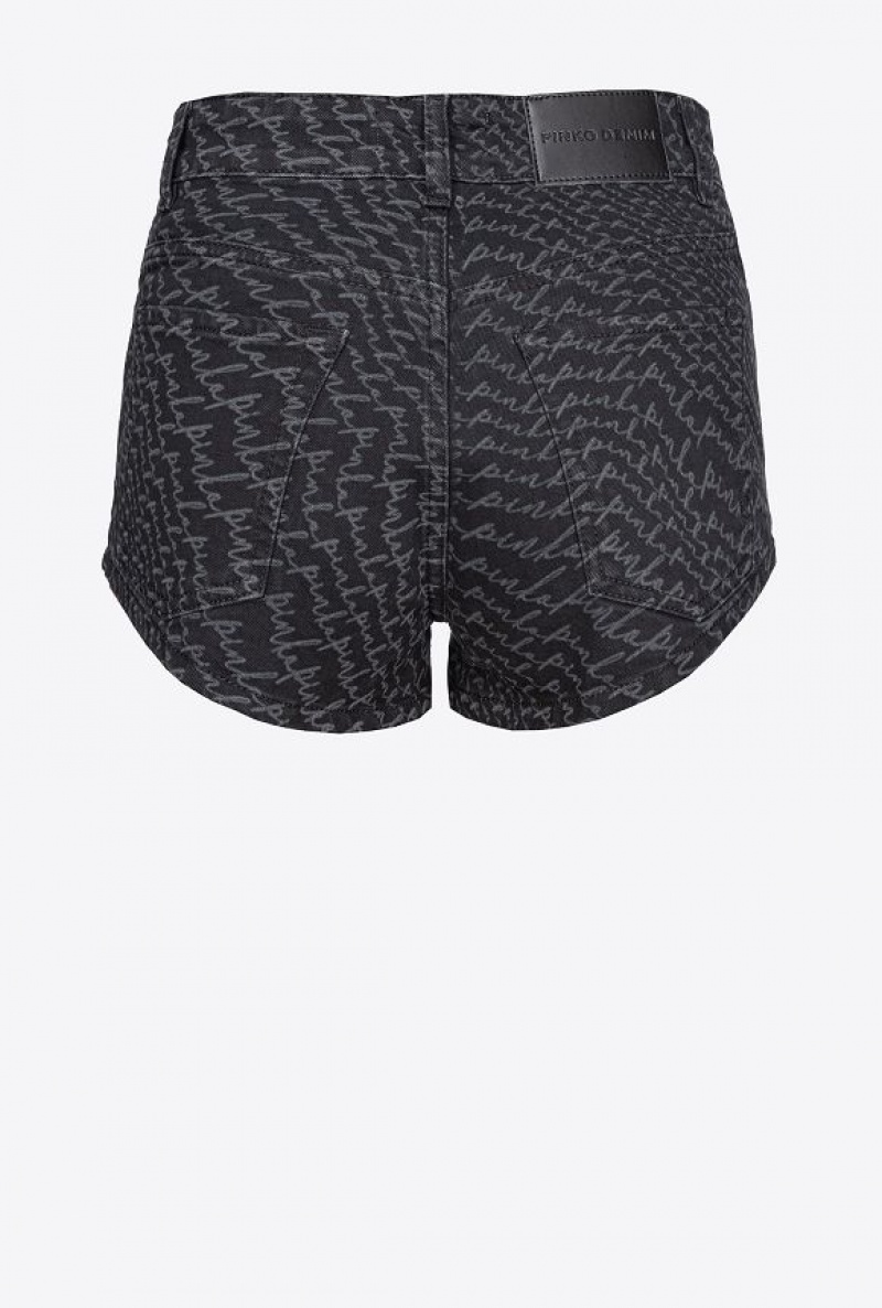 Pinko Black Denim Shorts With Fluid Logo Černé | SN-PKO34003