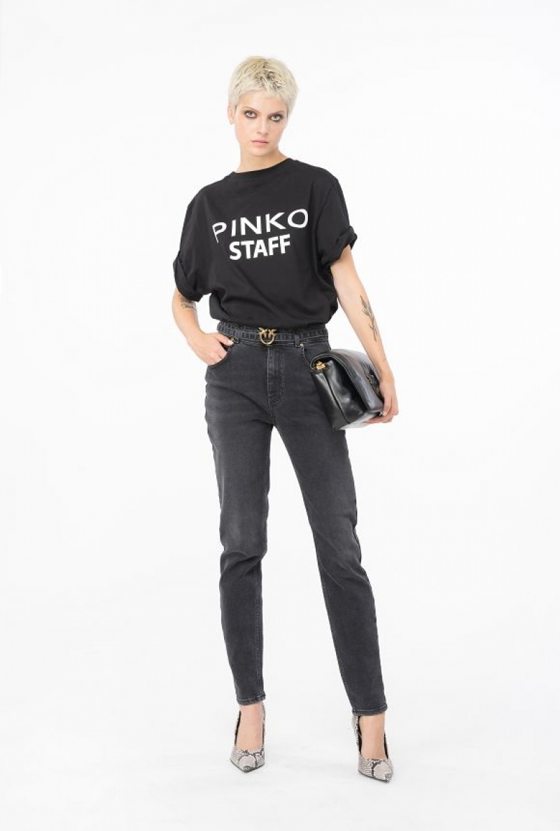 Pinko Black Stretch Denim Hubená Jeans With Belt Černé Blankyt Světle Modré | SN-PKO34008