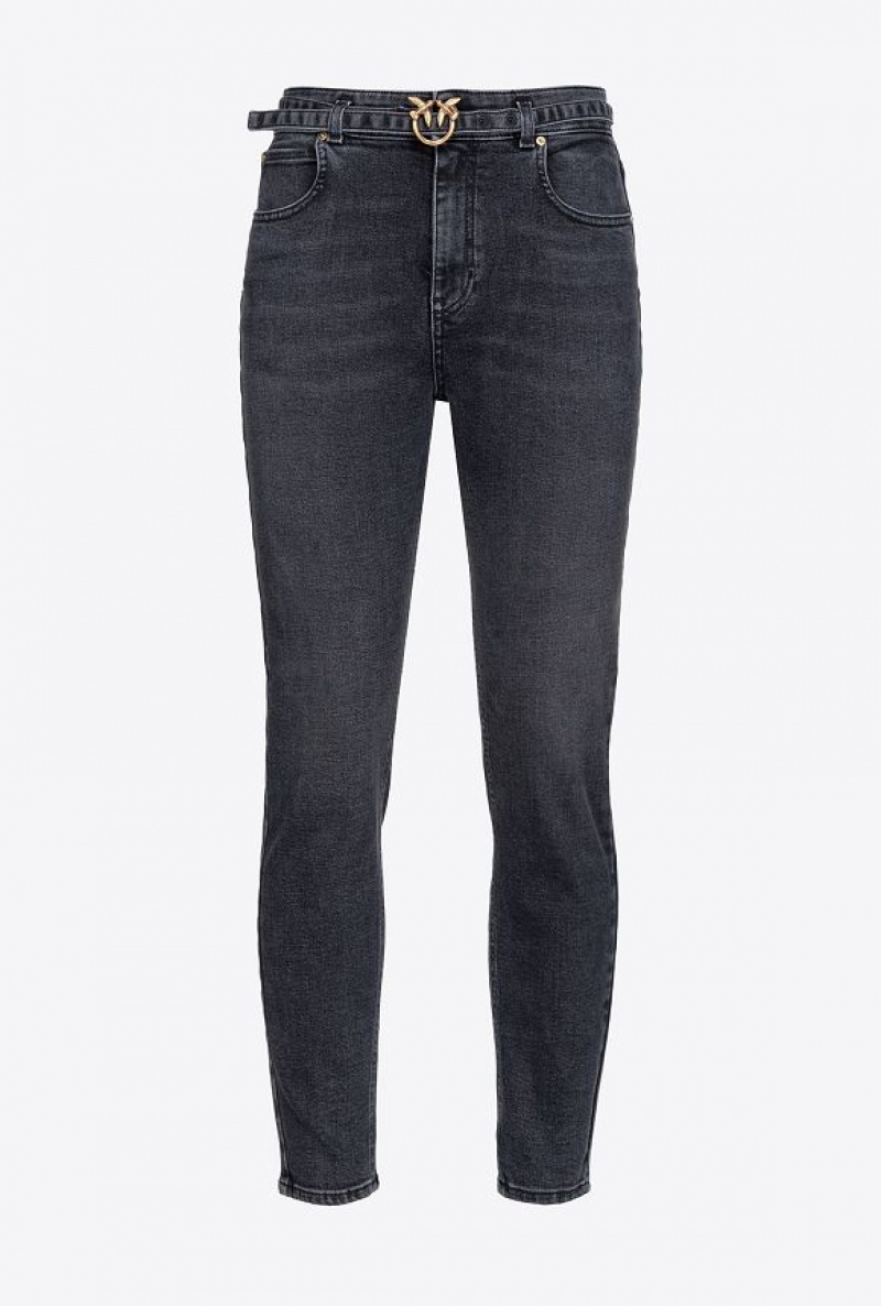 Pinko Black Stretch Denim Hubená Jeans With Belt Černé Blankyt Světle Modré | SN-PKO34008